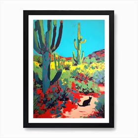 A Painting Of A Cat In Garden Of Desert Botanical Garden, Usa In The Style Of Pop Art 02 Art Print