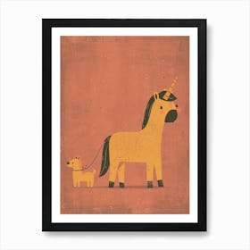 Unicorn Walking A Dog Coral Muted Pastels Art Print