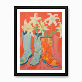 Painting Of White Flowers And Cowboy Boots, Oil Style 5 Art Print