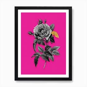 Vintage Pink French Rose Black and White Gold Leaf Floral Art on Hot Pink n.0023 Art Print