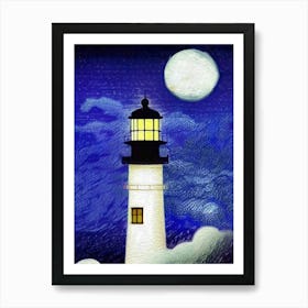 Lighthouse Moon Sea Clouds Full Moon Guiding Light Ocean Architecture Art Print