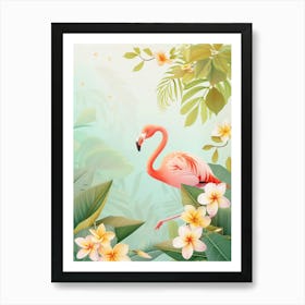 Lesser Flamingo And Frangipani Minimalist Illustration 3 Art Print