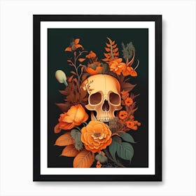 Skull With Floral Patterns 1 Orange Botanical Art Print