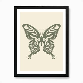 Folk Art Butterfly 03 - Sage Green Art Print