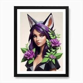 Low Poly Floral Fox Girl, Green (10) Art Print