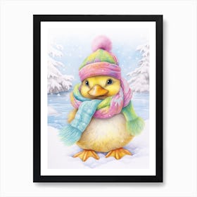 Winter Duckling In A Scarf Pencil Illustration 3 Art Print
