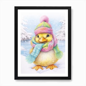 Winter Duckling In A Scarf Pencil Illustration 3 Poster