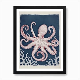 Detailed Octopus On The Ocean Floor Linocut Inspired 5 Art Print
