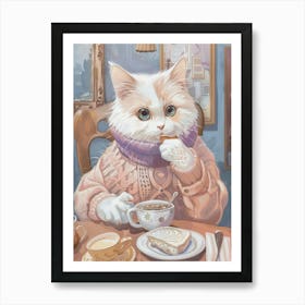 White And Tan Cat Having Breakfast Folk Illustration 4 Art Print