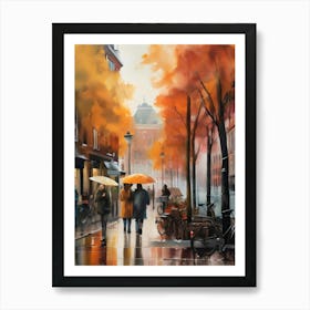 Amsterdam cafes, autumn season, rain, autumn oil colours.Faded colours,People passing on the street, winter clothes, rain umbrellas.3 2 Art Print