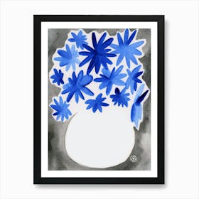 Blue Flowers In A White Vase - blue white gray floral watercolor minimal abstract vertical Art Print