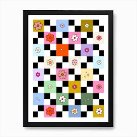 Checkered Daisies Retro Colorful Flower Check Art Print