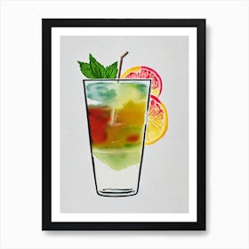Long Island Iced 2 Tea Minimal Line Drawing With Watercolour Cocktail Poster Art Print