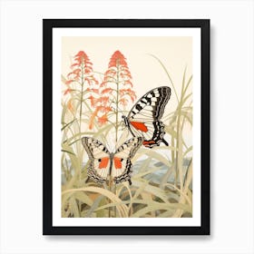 Red Flowers & Butterflies Japanese Style Painting 1 Art Print