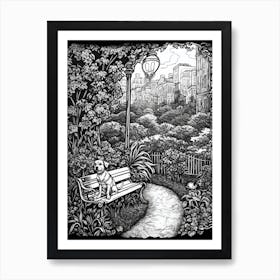 Drawing Of A Dog In Central Park Conservatory Garden, Usa In The Style Of Black And White Colouring Pages Line Art 03 Art Print