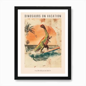 Vintage Camarasaurus Dinosaur On A Surf Board 2 Poster Art Print