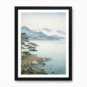 Amanohashidate In Kyoto, Ukiyo E Black And White Line Art Drawing 7 Art Print