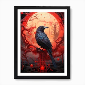 Crow Red Moon Art Print