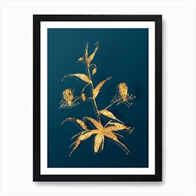 Vintage Flame Lily Botanical in Gold on Teal Blue n.0062 Art Print