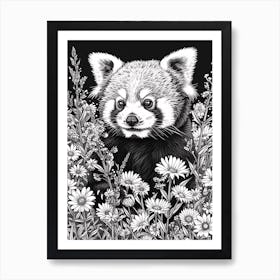 Red Panda Cub In A Field Of Flowers Ink Illustration 3 Art Print