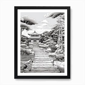 Ise Grand Shrine In Mie, Ukiyo E Black And White Line Art Drawing 2 Art Print