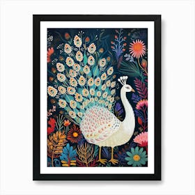 White Floral Folky Peacock 2 Art Print