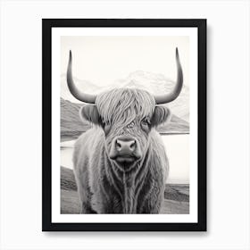 Black & White Illustration Of Highland Cow With Lake In The Background Art Print