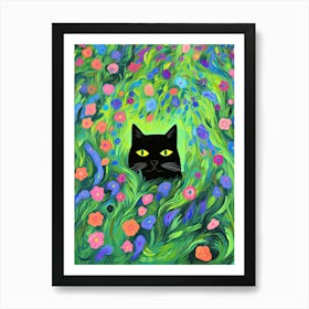 Black Cat In A Flower Field Irises Colourful Painting Art Print