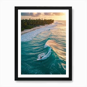 Capture An Aerial Perspective Of A Daring Surfer Confidently Riding The Islands Largest Wave On A S (1) Art Print