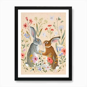 Folksy Floral Animal Drawing Rabbit 2 Art Print
