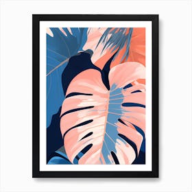 Monstera Leaf, Tropical Leaves, pleasing colors of Peach and Blue, 1295 Art Print