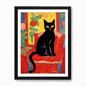 A Black Cat Red Sofa Matisse Style Art Print