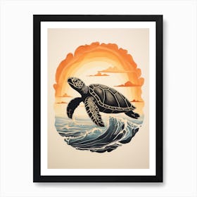 Linocut Illustration Style Of Sea Turtle And Sunset Black & Orange 3 Art Print