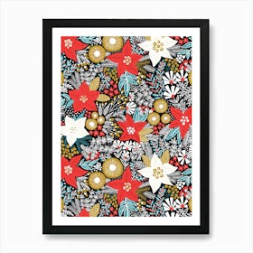 Poinsettia Flowers and Christmas Florals on Black Art Print