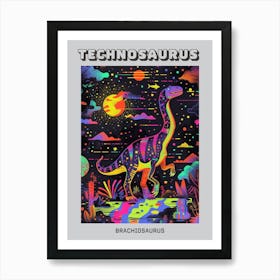 Cute Neon Brachiosaurus At Night Poster Art Print