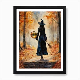 A Magical Autumn Day ~ Witchy Witches Pagan Fall Wheel of the Year Spooky Fairytale Watercolour   Art Print