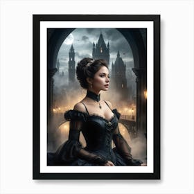Digital Painting of Gorgeous Victorian Woman with Classic London City Scenery #1 Art Print