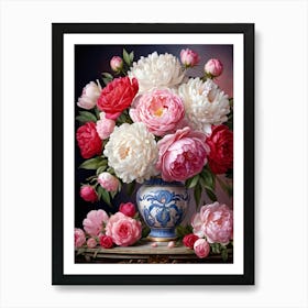 Digital Painting Of An Ornate Vase Cradling Roses And Peonies Bathed In Soft Lighting With Rich Vi Art Print