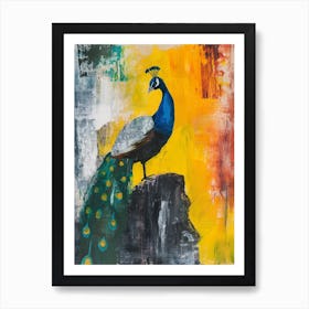 Brushstrokes Blue & Mustard Peacock Art Print