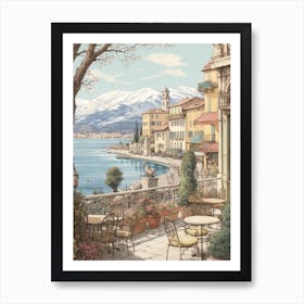 Vintage Winter Illustration Lake Como Italy 3 Art Print