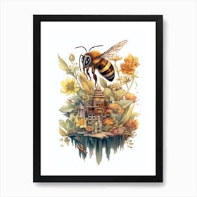 Long Horned Bee Beehive Watercolour Illustration 1 Art Print