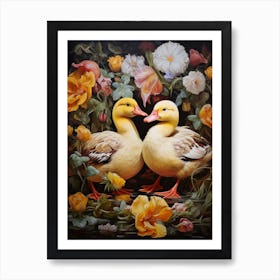 Ducklings In A Bed Of Flowers Painting 1 Art Print