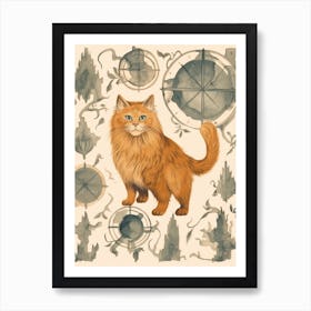Medieval Style Map Of Cat & Abstract Compasses Art Print