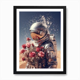 Cosmic Astronaut holding flowers in the desert Art Print