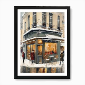 Paris cafes, winter season, Christmas, autumn oil colors, pale colors, pedestrians in the street, winter clothes, falling snow.Christmas decorations.5 Poster