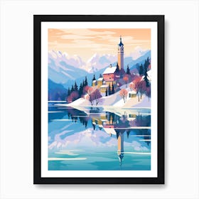 Vintage Winter Travel Illustration Lake Bled Slovenia 1 Art Print