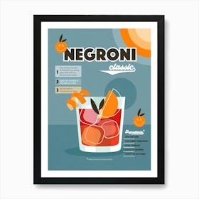 Retro Cocktail Negroni Recipe Blue Art Print
