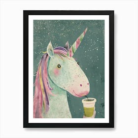 Pastel Storybook Style Unicorn Drinking A Matcha Latte 1 Art Print