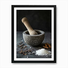 A Black Mortar And Pestle Filled With Coarse Salt And Various Spices 21 Art Print