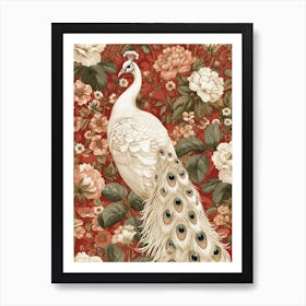 White Floral Red Peacock Art Print